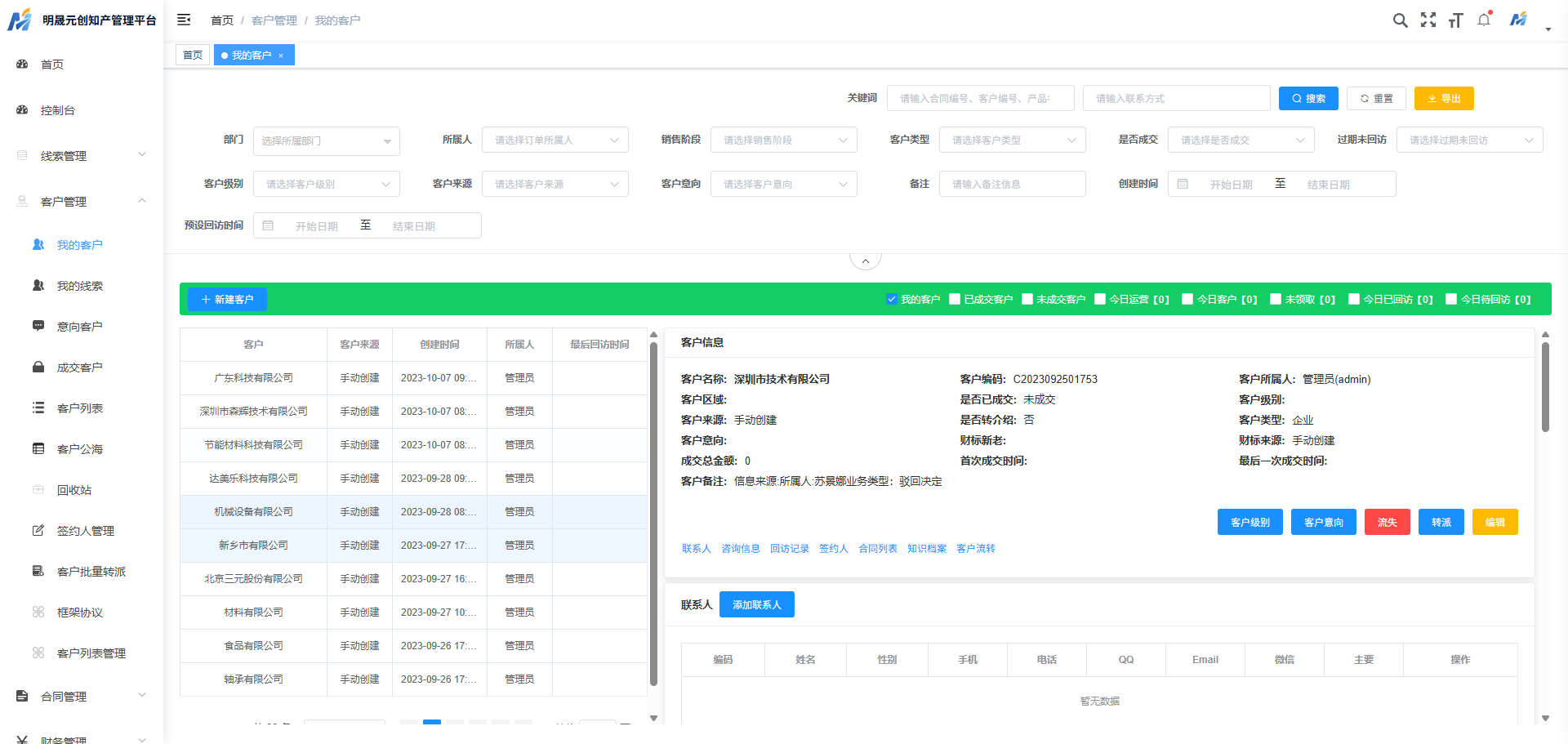 IP-CRM 系统界面 — 客户信息与商标报件管理